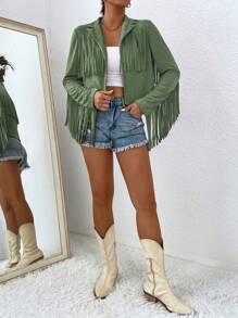 Chiquease 女士實色流蘇休閒日常長袖外套 - 綠色 - 查看 4
