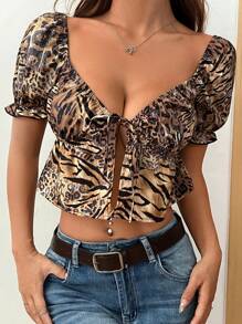 SHEIN EZwear Leopard Print Woven Lace-Up Shirt With Heart-Shaped Collar - Multicolor - View 3