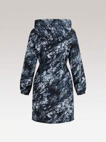 SHEIN Teen Girls' Fashionable Mid-Length Printed Cardigan Trench Coat Black Outerwear For Sun Protection