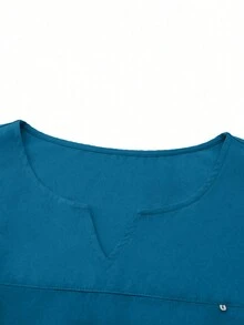 SHEIN TaskFit 大码纯色简约日常短袖上衣和长裤制服套装，大码制服和工作服 - 藍色 - 查看 7