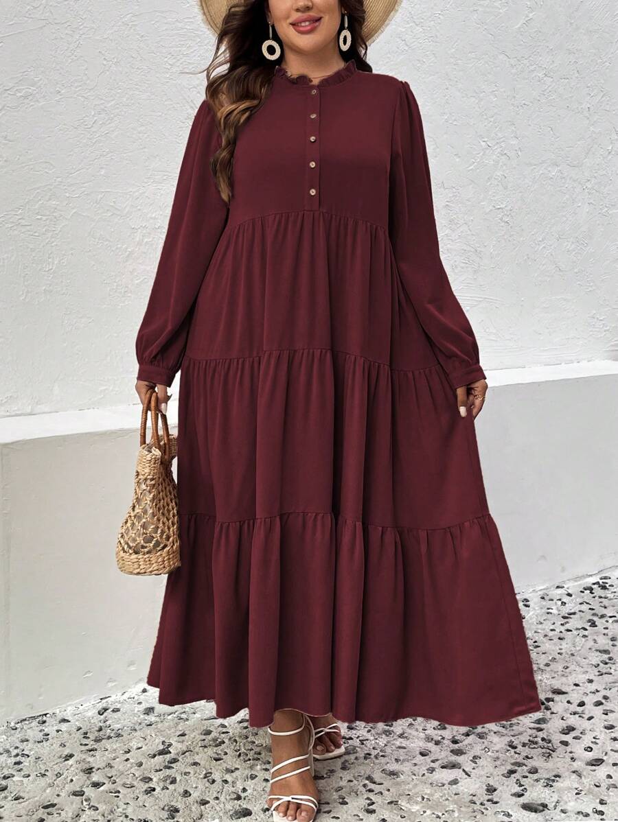 EMERY ROSE Váy dài tay cài nút cỡ lớn có viền xếp lớp, trang phục Maxi rộng rãi thoải mái, sang trọng, thanh lịch, giản dị, thanh lịch dành cho nữ - Màu Tím - Xem 1