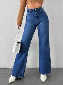 EURMUSE High Waisted Straight Leg Jeans - Medium Wash - View 6