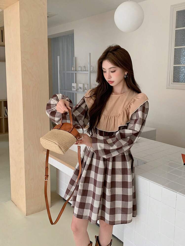 EastFlair Women's Casual Patchwork Check Dress - Coffee Brown - View 6