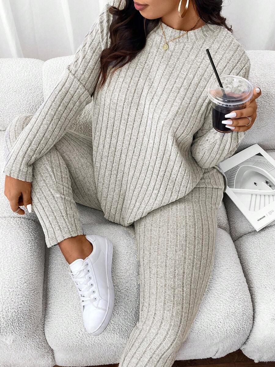 SHEIN Frenchy Plus Size Women Rib Knit Top & Pants, 2pcs - Khaki - View 1