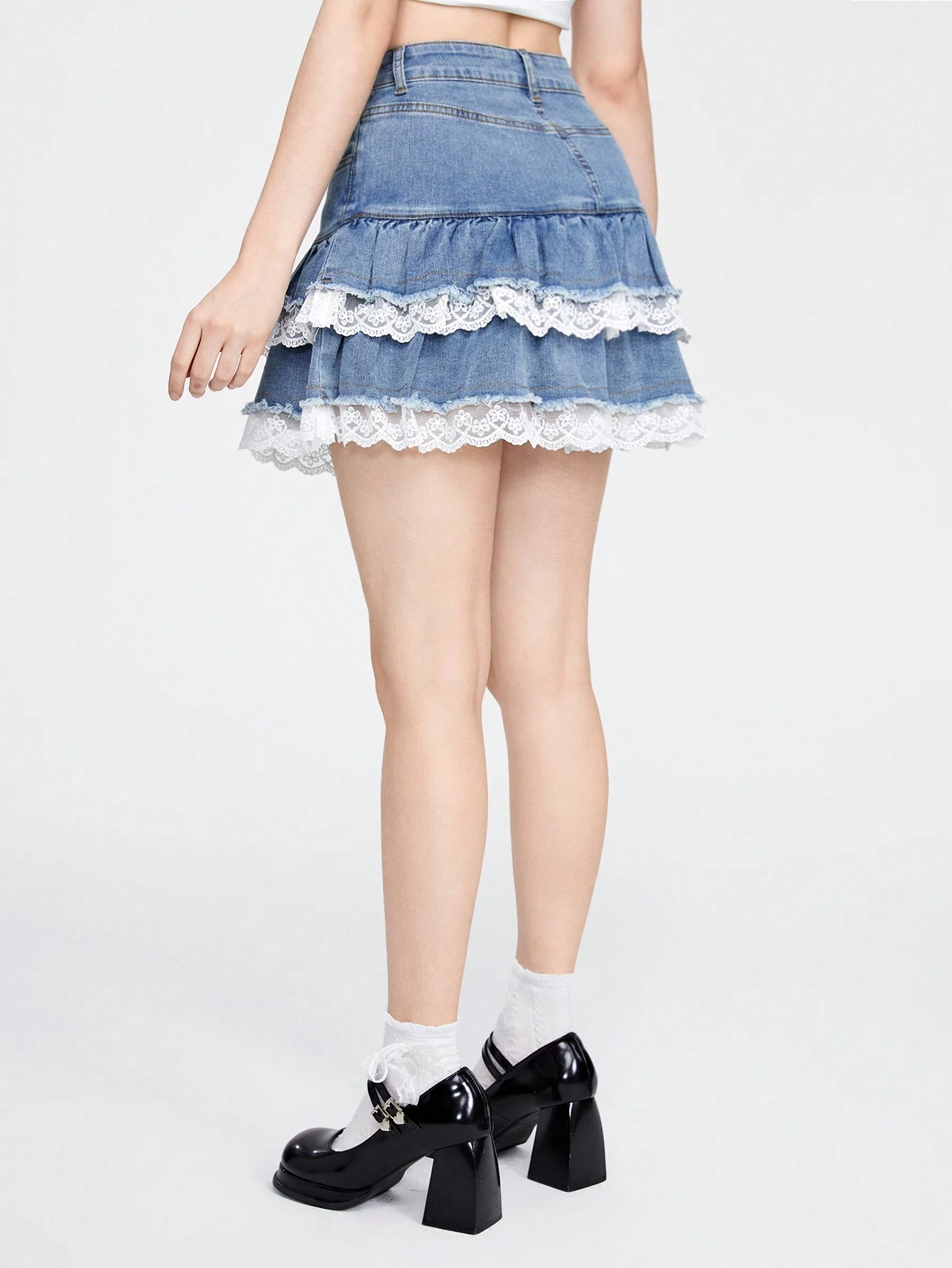 Our Kawaii Low-Waist Contrast Lace Denim Skirt With Multiple