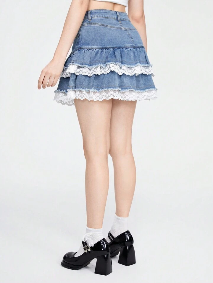 Our Kawaii Low-Waist Contrast Lace Denim Skirt With Multiple