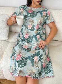 Plus Size Women's Tropical Plant Printed Round Neck Short Sleeve Pajama T-Shirt Dress