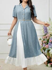 Seusyu Vestido largo de burbuja elegante de estilo árabe de talla grande para mujeres con tejido jacquard, cuello de contraste y manga corta abullonada para verano - Multicolor - Ver 8
