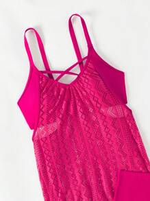 SHEIN Swim Tankini dây mảnh màu hồng nóng bỏng phong cách nghỉ dưỡng cho nữ kèm quần bơi mùa hè - Màu Hồng Tươi - Xem 5