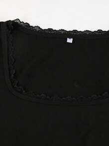 INAWLY Contrast Lace Slim Fit Scoop Neck T-Shirt, Spring Top Fall Cloth For Women - Black - View 5