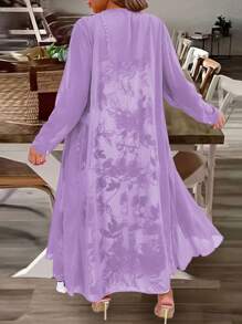 EMERY ROSE Bộ 2 Chiếc Áo Cardigan Dài Tay Màu Trơn Ngày Lễ Plus Kích Thước & Áo Yếm In Hoa Bộ 2 Chiếc - Màu tím hoa cà - Xem 2