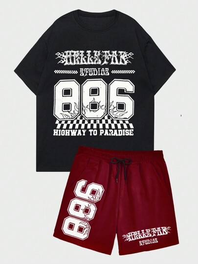 Street Life Set aus handgezeichnetem Herren Kurzarm T-Shirt mit einfachem Muster und Shorts