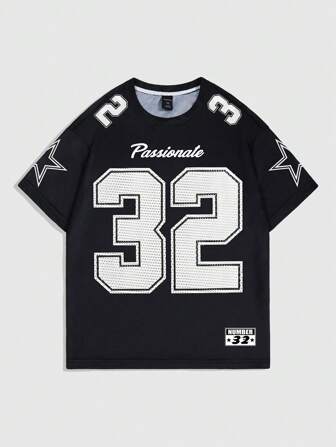 Prep Camiseta de cuello redondo de manga corta para hombres con estampado de números y letras, para verano, escuela