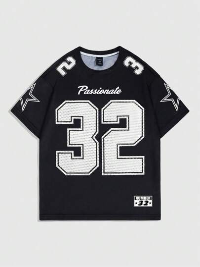 Prep T-shirt à col rond à manches courtes pour hommes avec imprimé de chiffre et lettre, été, école