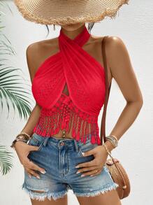 SHEIN VCAY Holiday Lace Splice Cross Strap Women's Tank Top - Red - View 5