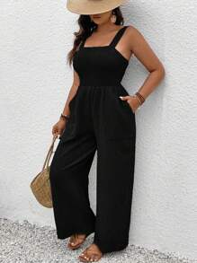 SHEIN Clasi 加大码纯色无袖连体裤，配有宽肩带和口袋 - 黑色 - 查看 4