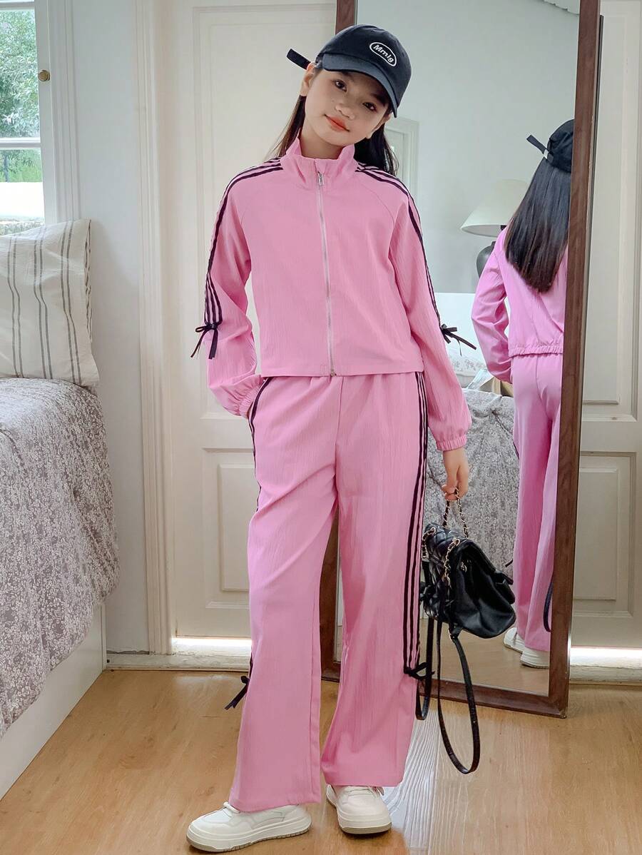 SHEIN Tween Girl 编织缎带蝴蝶结短夹克 + 阔腿长裤两件套 - 粉色 - 查看 1