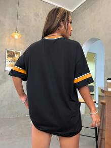 StreetHx Los Angeles English Numeric Pattern Ribbed V-Neck Oversized T-Shirt Graphic Tees Women Tops