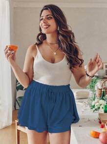 SHEIN Clasi Plus Size Double-Layer Elastic Waist Casual Shorts For Daily Summer Wear - Blue - View 5