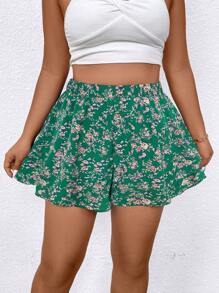 SHEIN LUNE Plus Size Women's Random Printed Casual Shorts For Daily Wear - Green - View 6