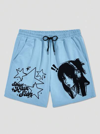 Anime Hand-Drawn Style Men's Simple Printed Shorts