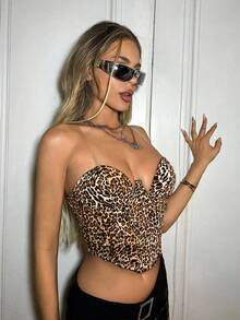 SHEIN ICON Leopard Print Corset Crop Top With Waist Tie And Bust Cups