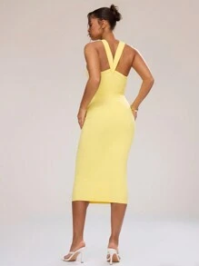 MUSERA 性感可爱春夏派对外出度假风中长连衣裙，前襟扭结设计，性感迷人，适合春夏派对、外出和度假。 - 黃色 - 查看 2