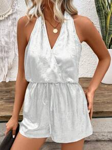 Breezaya 休閒女士純色簡約日常佩戴露背吊帶連體褲，配帶頸巾