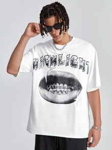 Manfinity RebelGame Maglietta a maniche corte e girocollo loose fit da uomo con stampa a tema inglese e bocca, adatta per l'estate