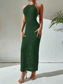Breezaya Crochet Solid Color Sleeveless Backless Sweater Dress With Halter - Dark Green - View 4