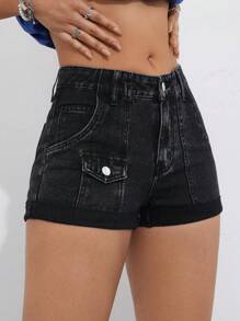 SHEIN EZwear 女性夏季休閒牛仔短褲，口袋設計 - 黑色 - 查看 1