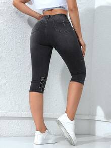 SHEIN EZwear 女士簡約破洞牛仔褲，夏季日常款帶織邊 - 灰色 - 查看 3