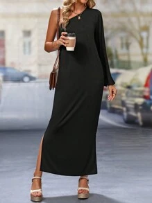 Calvaya Đầm dài màu trơn đơn giản không đối xứng cổ hàng ngày cho nữ, Đầm dài tay xẻ tà không đối xứng cổ vừa vặn màu đen tay thường dài đơn giản ôm sát cho nữ, Đầm dài cho nữ mùa xuân/thu, Đầm maxi mặc hàng ngày thường ngày cho nữ - màu đen - Xem 5