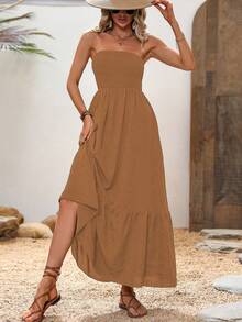Breezaya Ladies' Solid Color Strapless Vacation Style Summer Dress - Brown - View 4