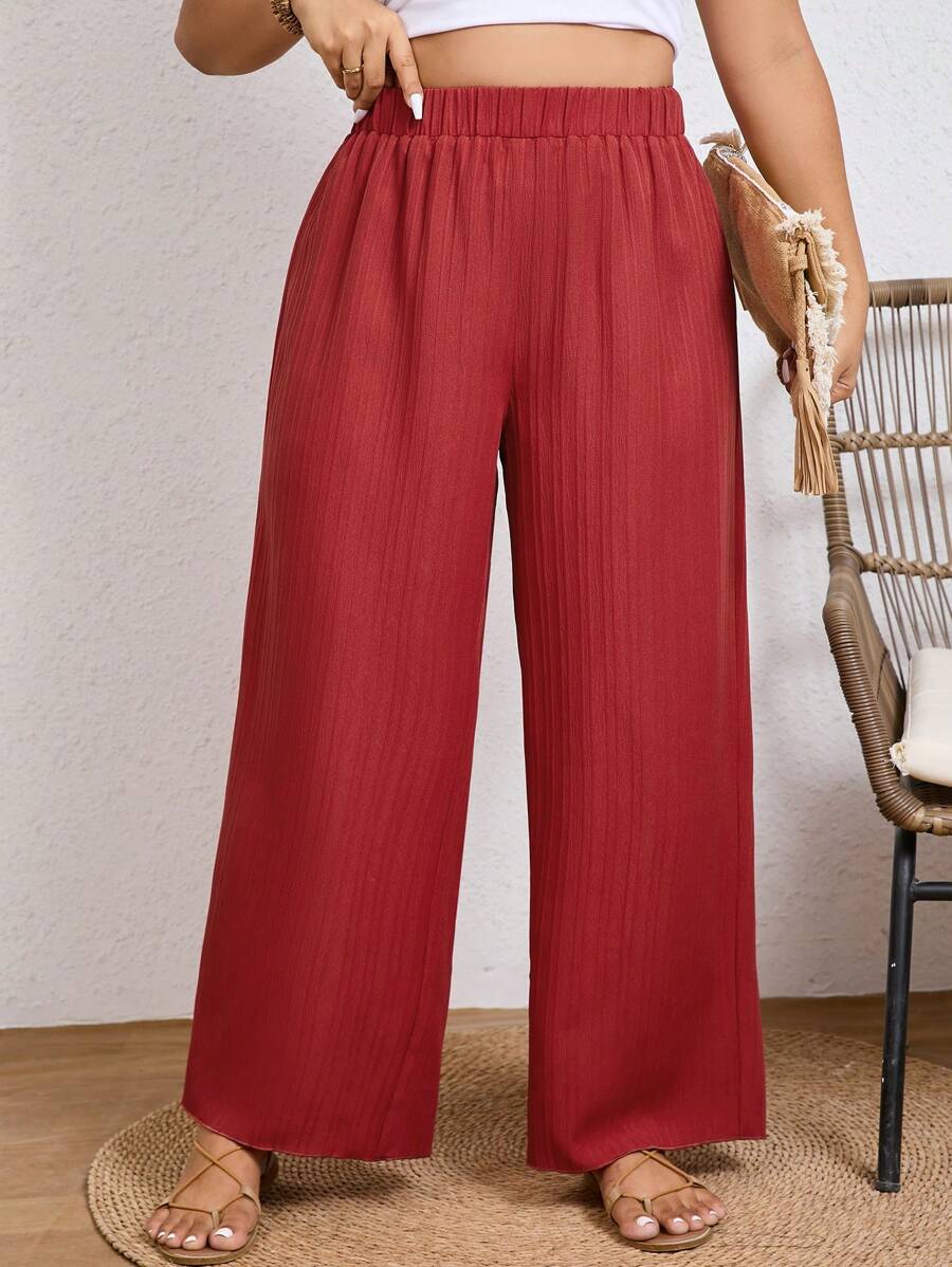 SHEIN Frenchy Plus Quần ống rộng Plisse trơn cho trang phục thường ngày - Gỗ đỏ - Xem 1