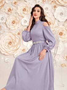 Modelyn Đầm dạ hội dài tay màu trơn cổ đứng khoét rỗng cho nữ - Màu tím - Xem 3