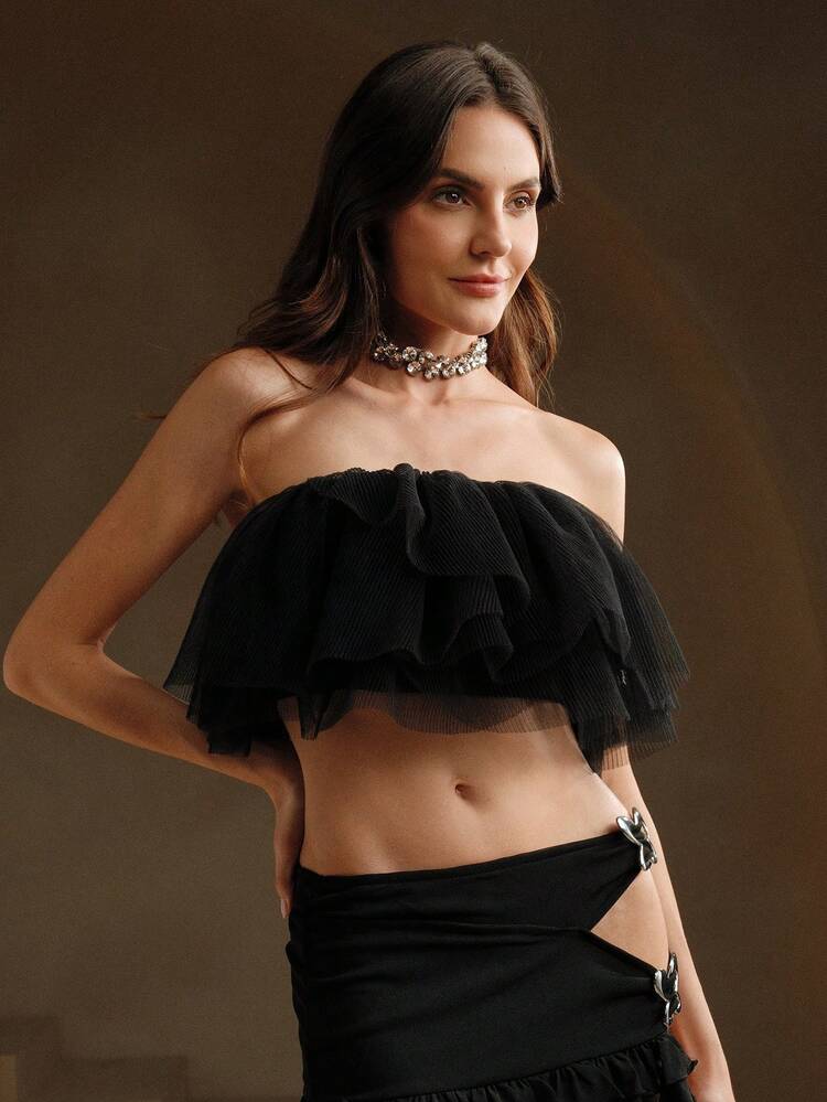 Multi-Layer Ruched Mesh Bustier Crop Top
