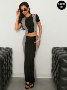 Denimoi Women's Colorblock Rib Knit Crop Tee & Maxi Skirt Set - Black and White - View 7