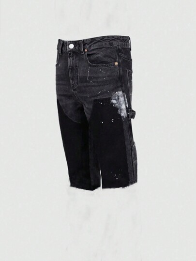 Men Splatter Paint Slant Pocket Denim Shorts