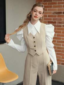 SHEIN MOD 杏色前開衫式背心和長褲套裝，復古款 - 杏色 - 查看 4