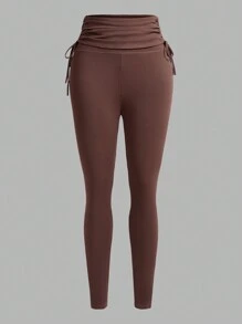 Mulvari Ladies' Knitted Drawstring Long Yoga Leggings, Daily Workout Style - Chocolate Brown - View 2