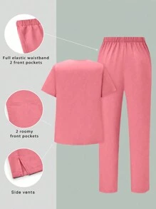 SHEIN TaskFit Plus Size Solid Color V-Neck Pocket Short Sleeve Top And Elastic Waist Long Pants  Uniform Set, Plus Size Uniforms & Scrubs - Pink - View 2