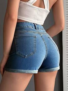 EURMUSE Slim Fit Denim Shorts - Medium Wash - View 2