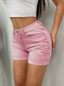 SHEIN Tall Women's Plain Simple Daily Denim Shorts - Pink - View 6