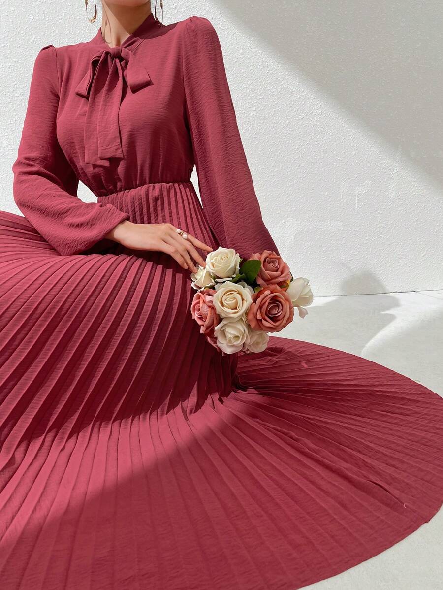 Modelyn Solid Color Arabic Style Pleated Front-Tied Dress For Women - Pink - View 1