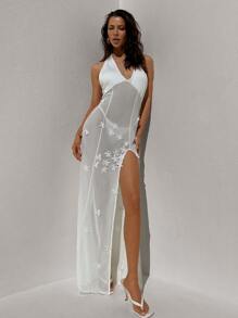 Aloruh Tief ausgeschnittenes V-Ausschnitt Halter-Mesh-Kleid für Damen mit 3D-Blumendesign und hohem Schlitz