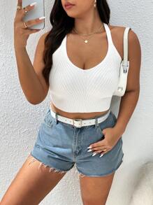 SHEIN Essnce Plus Solid Crop Ribbed Knit Top For Summer - White - View 1
