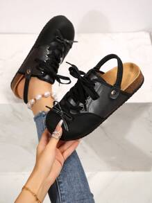 Scarpe da balletto nere con allacciatura a nastro e fiocco per donne, stile college, delicato e morbido suola piatta confortevole - nero - Visualizzare 1