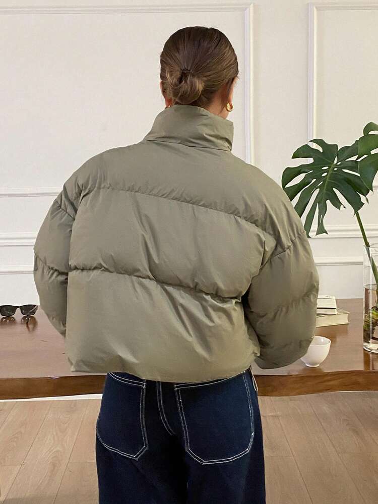 Solid Color Stand Collar Short Thick Women Padded Coat, Winter Jacket