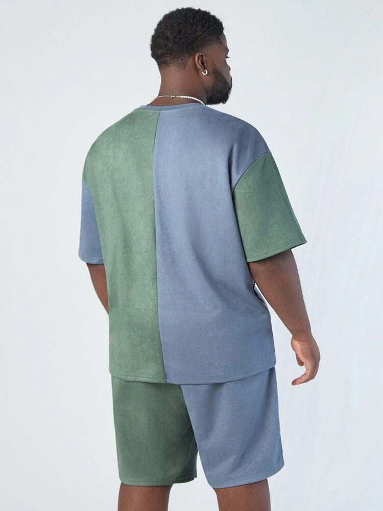 2pcs/Set Plus Size Men's Woven Casual Patchwork Short Sleeve T-Shirt Set